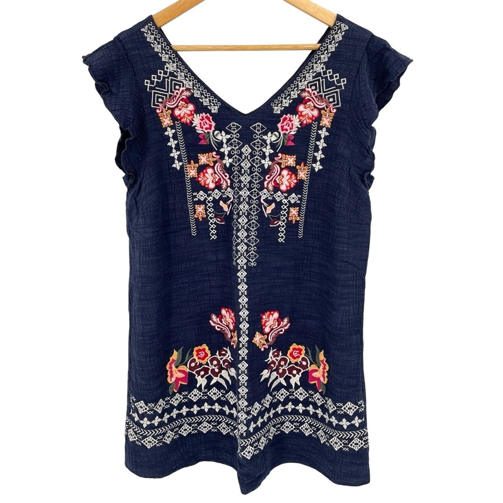 THML Embroidered V Neck Flutter Sleeve Shift Dress Navy Blue Size L Boho Peasant